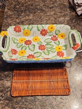 Like New Cond. Temp-tations Hand-Painted Floral Ceramic Serving Tray